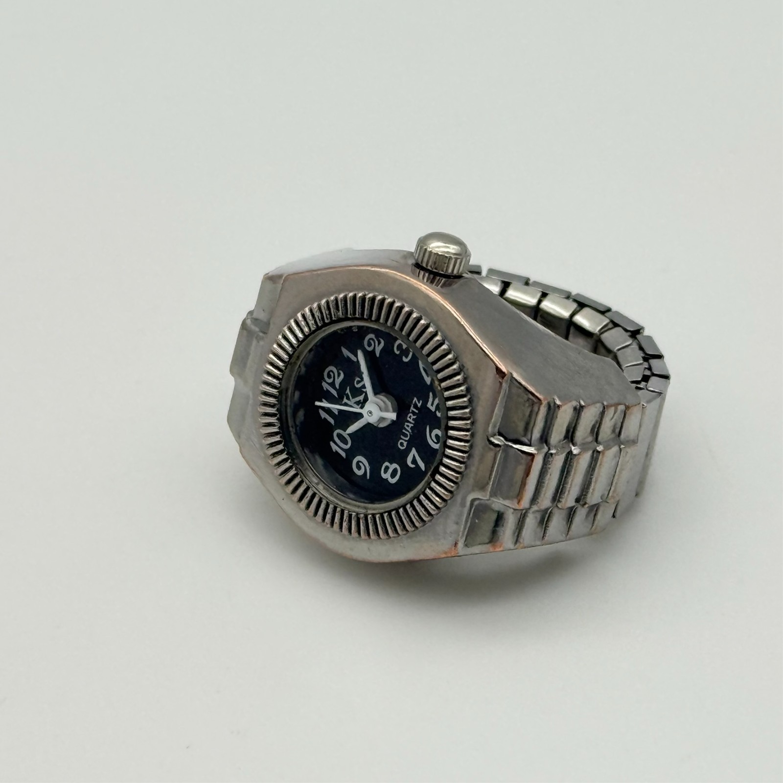 Women’s KS Silver Tone Black Dial 20mm Quartz Ring Watch, Round Dial, Runs