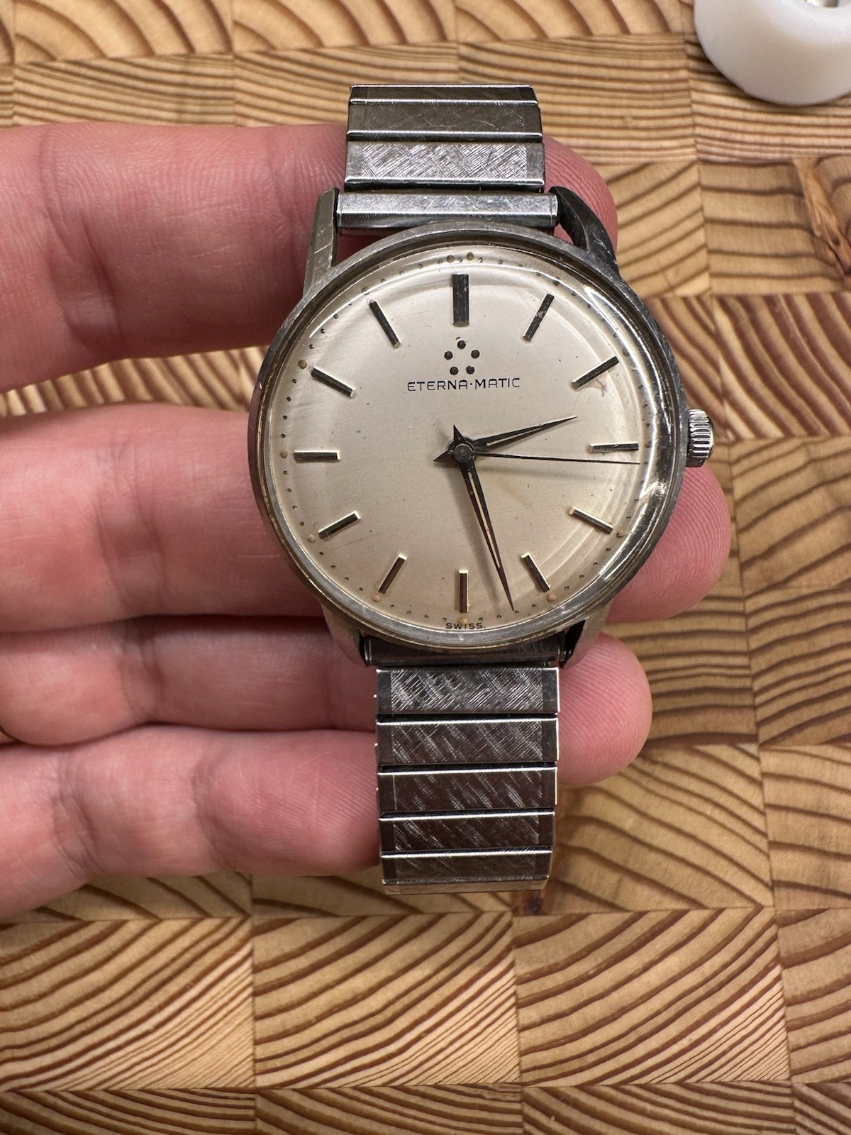 Vintage Eterna-Matic Automatic Swiss Watch Cal 1414U Stainless Steel Engraved 60