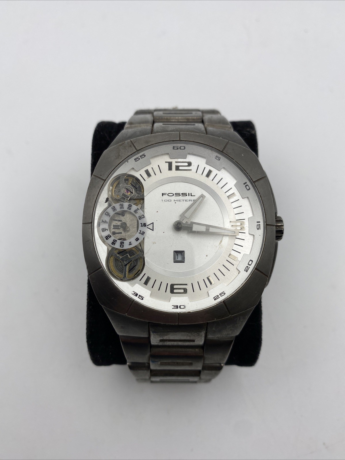 Fossil Twist Watch Men 42mm Silver Dial Black Tone ME1015 New Battery 8” READ