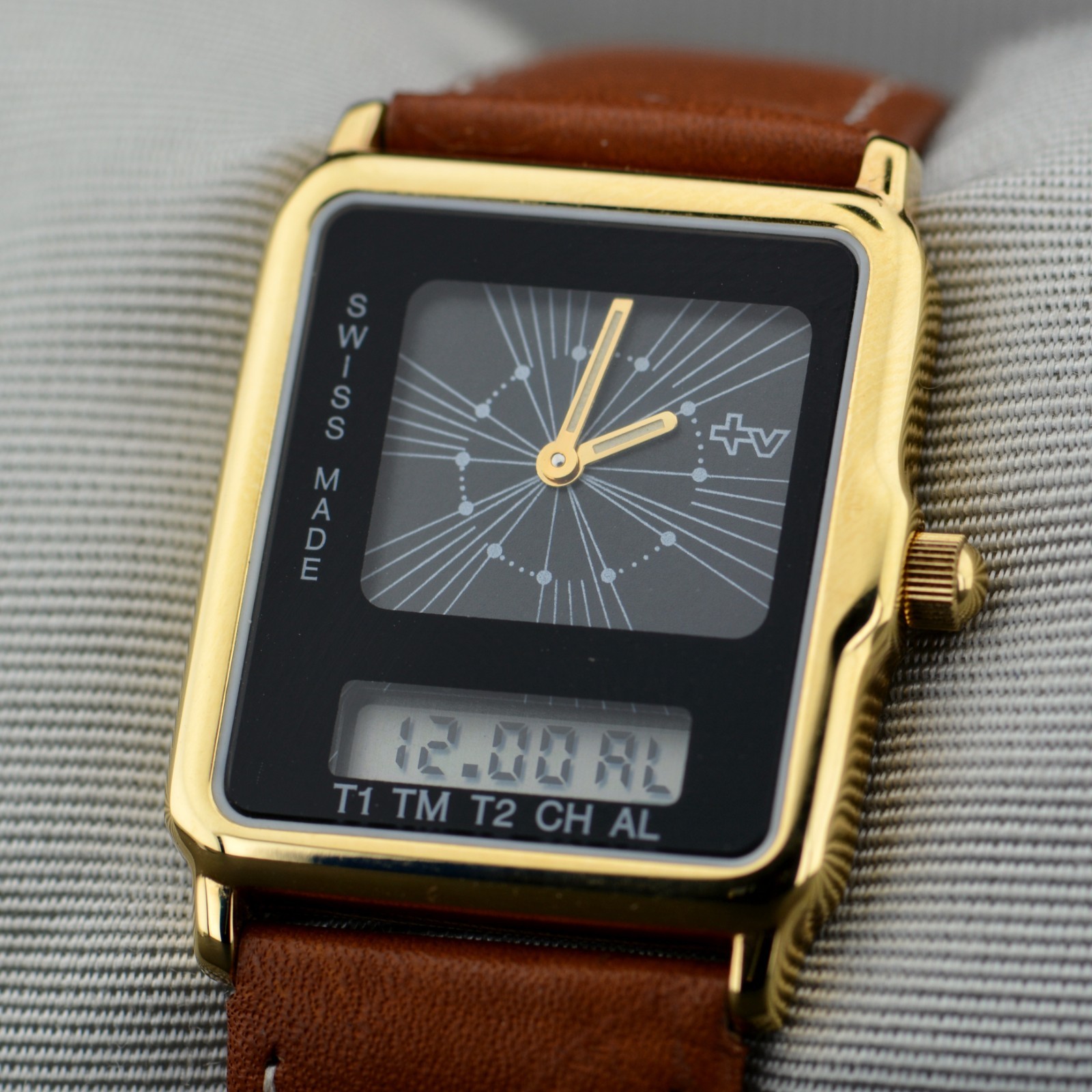 Mondaine Two-Timer Analog-Digital TV Case Vintage Gold Plated Unisex Dress Watch