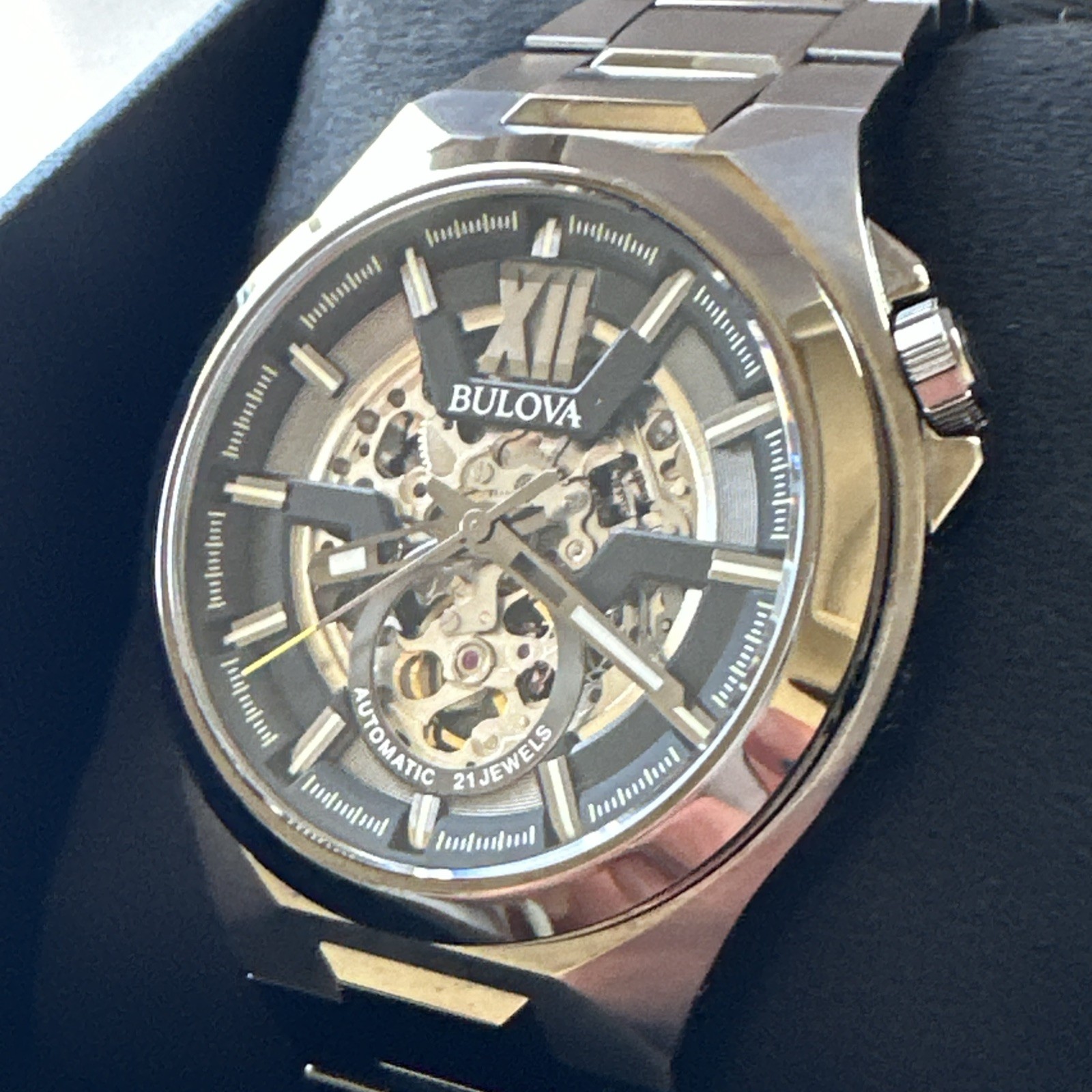 Bulova Womens Maquina Automatic Skeleton Gray Stainless Steel Watch 46MM 98A179