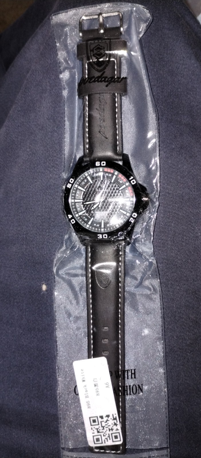 POEDAGAR 895 black white mens stainless steel back watch. Genuine leather NEW