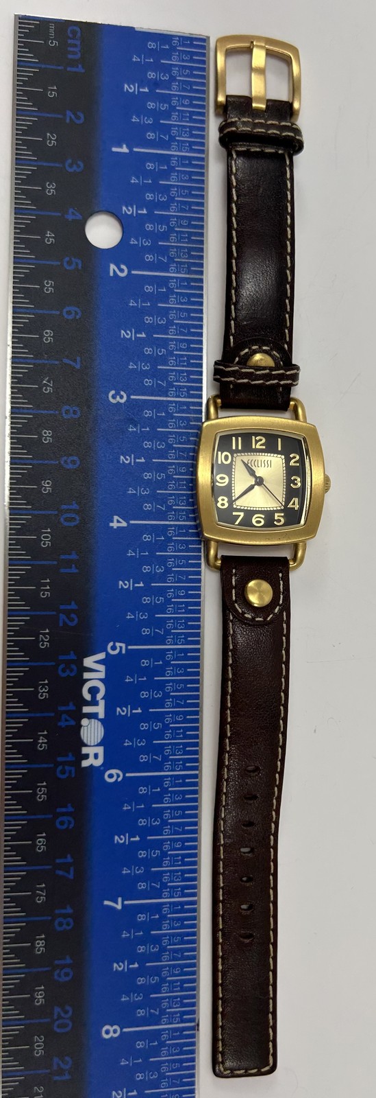Ecclissi Ladies Gold Tone Cushion Tonneau Quartz Watch Brown Leather Strap