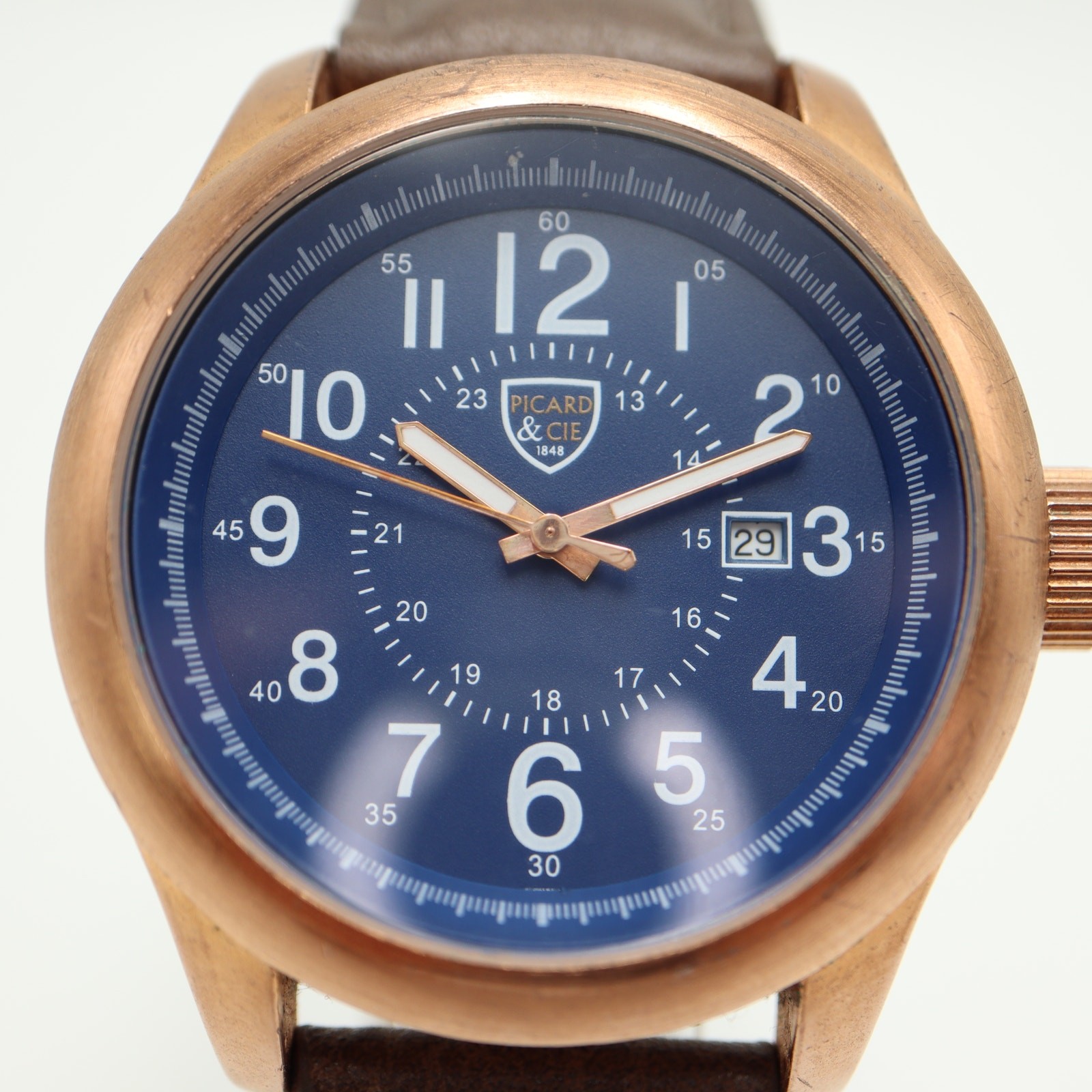 Picard & Cie Mens Blue Date 44mm Watch Rose Gold Tone Faux Leather w New Battery