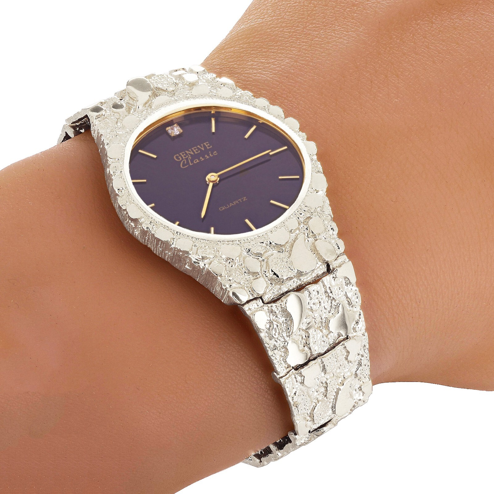 Sterling Silver Nugget Wrist Watch with Geneve Watch with Diamonds 7″ 42 grams