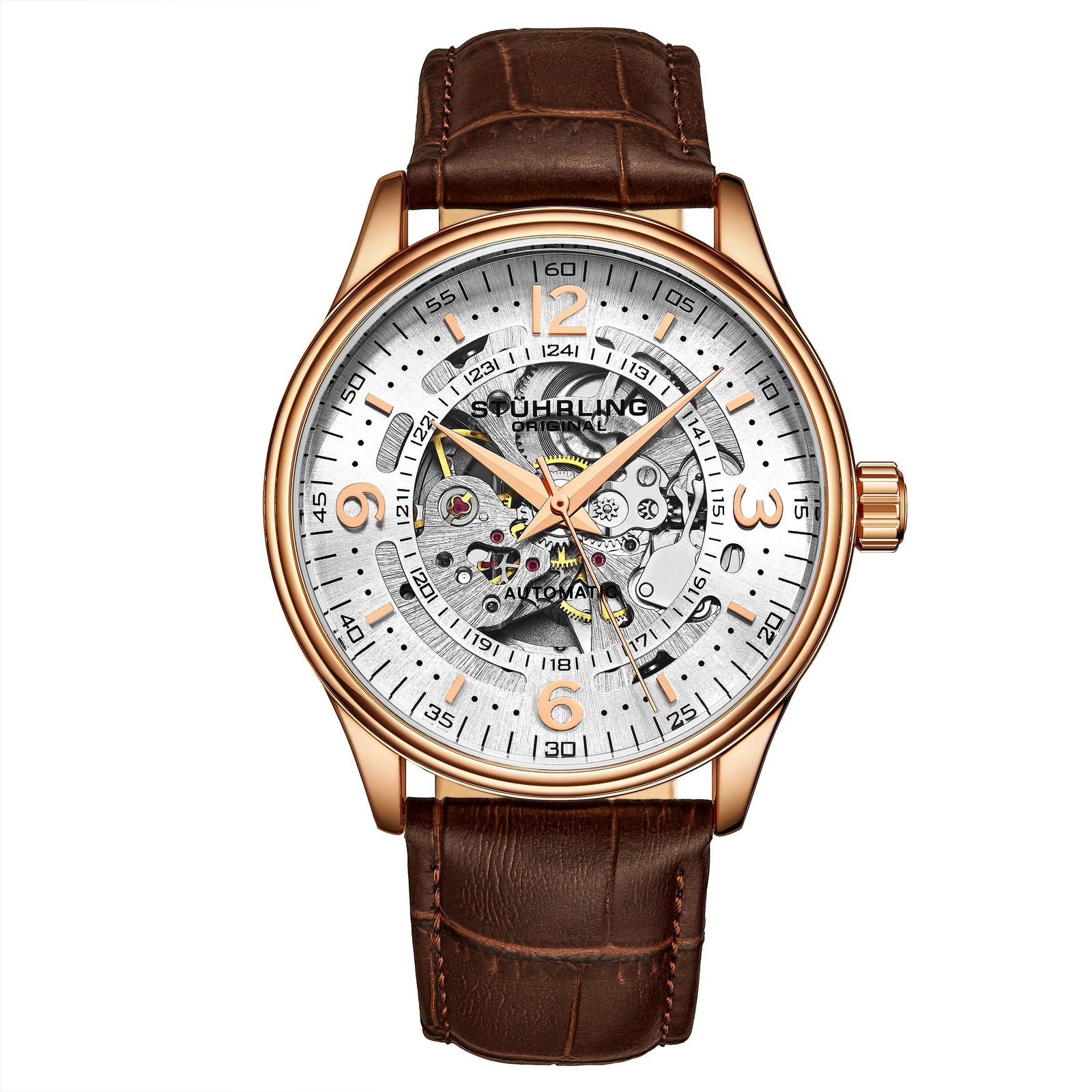 Denmark Automatic Skeleton Watch Brown/Leather | White Dial Wristwatch 3947.5