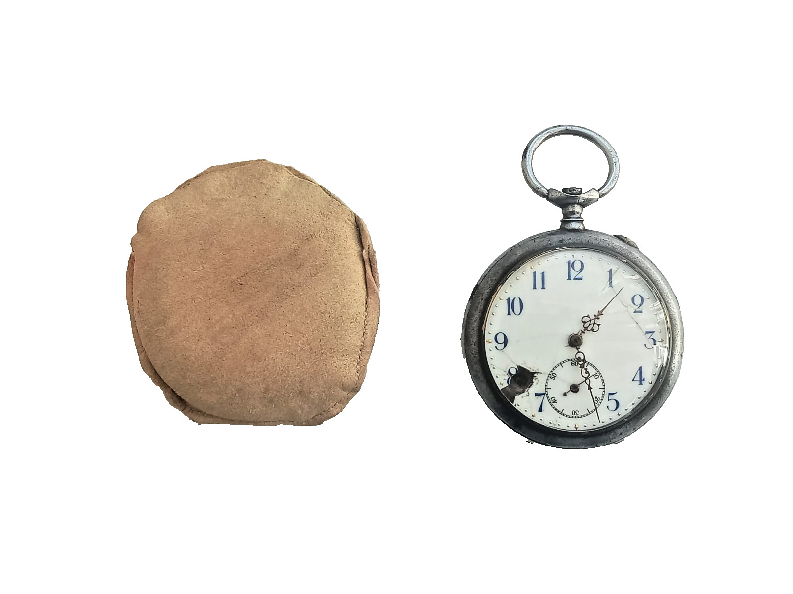 Antique Gents Gunmetal Pocket Watch in Leather Carrying Case