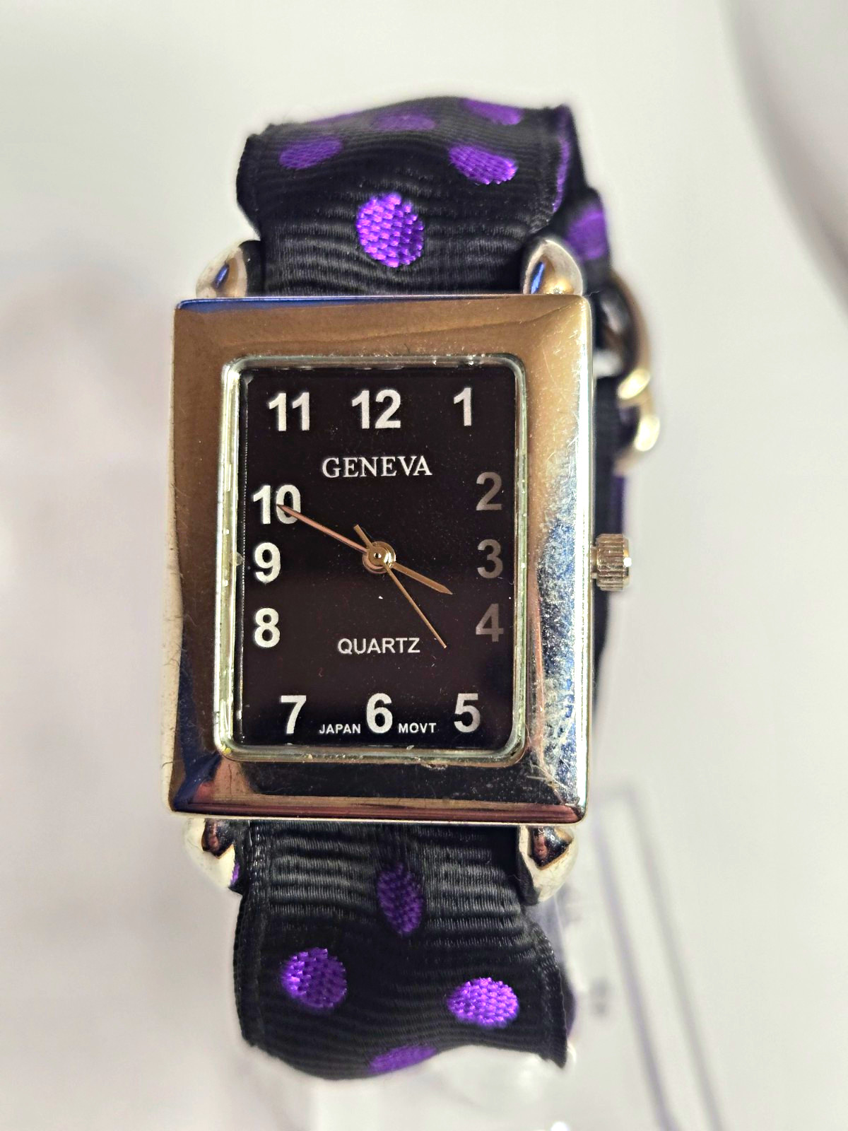 Geneva Quartz Women’s Analog Watch Black Dial Silver Rectangle Polka Dot Strap