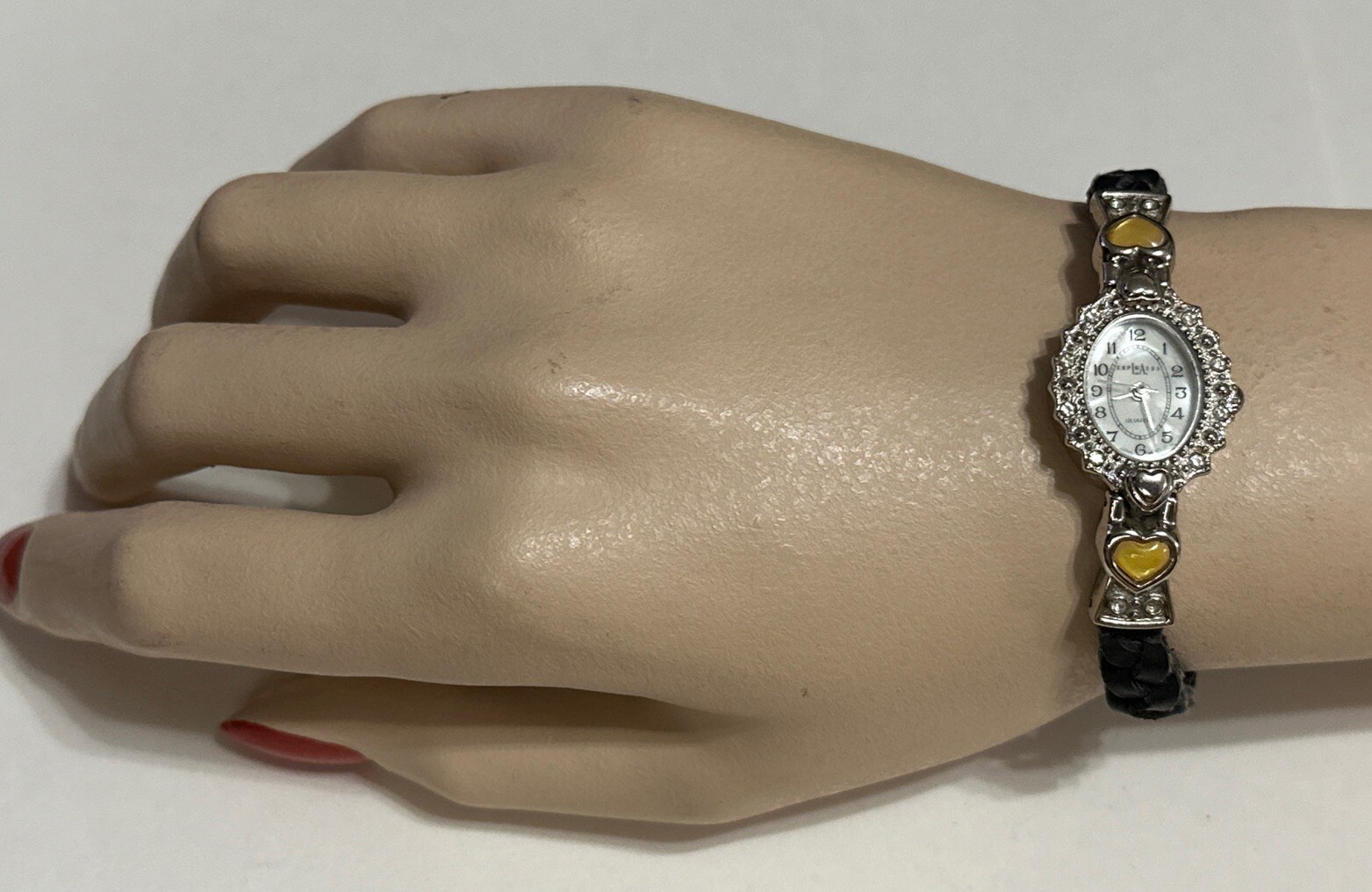 LA Express Women’s Watch Clear Rhinestone Silver Black Leather Band-working