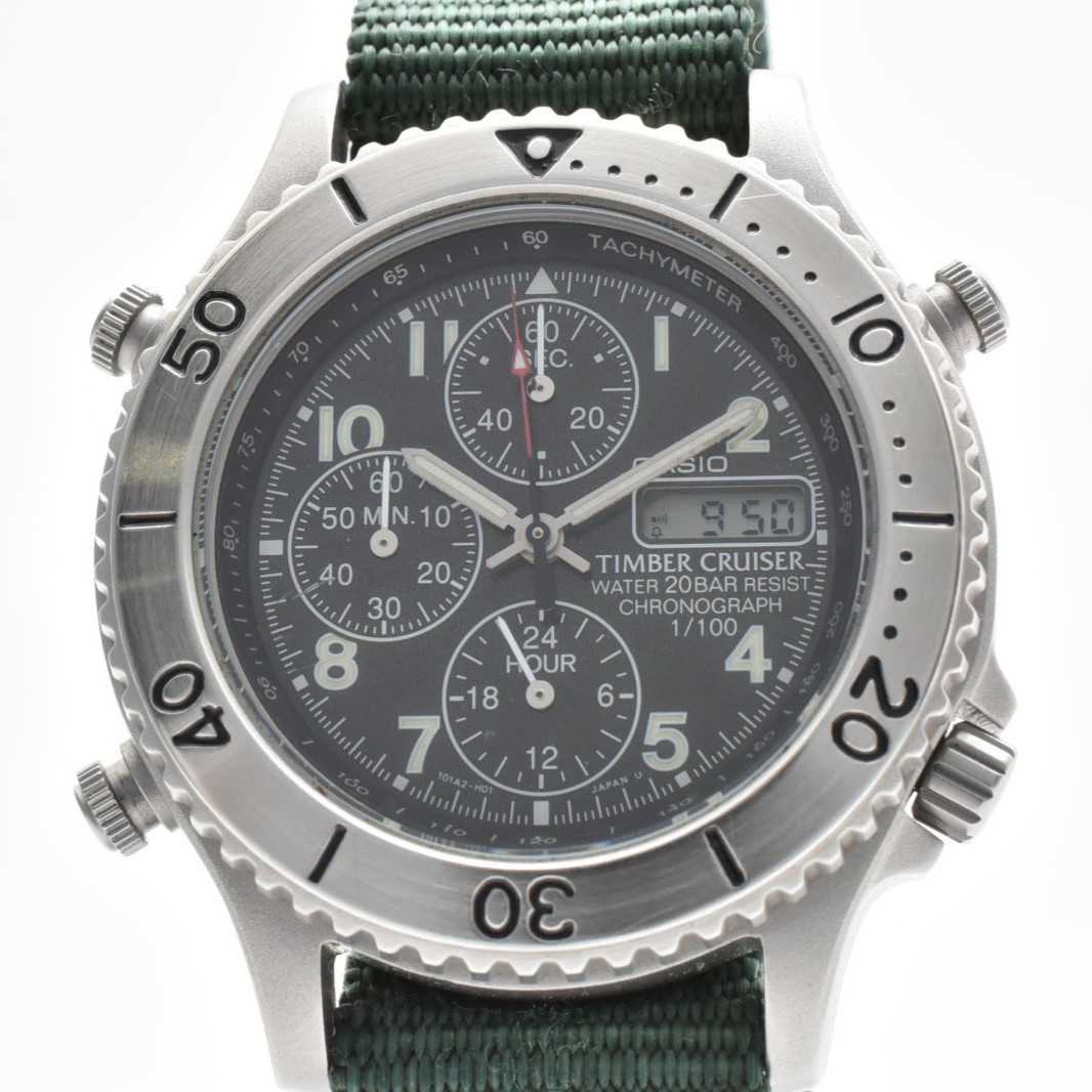 Casio Timber Cruiser TIC-4 Quartz Chronograph Near MINT Black Dial 38mm Green