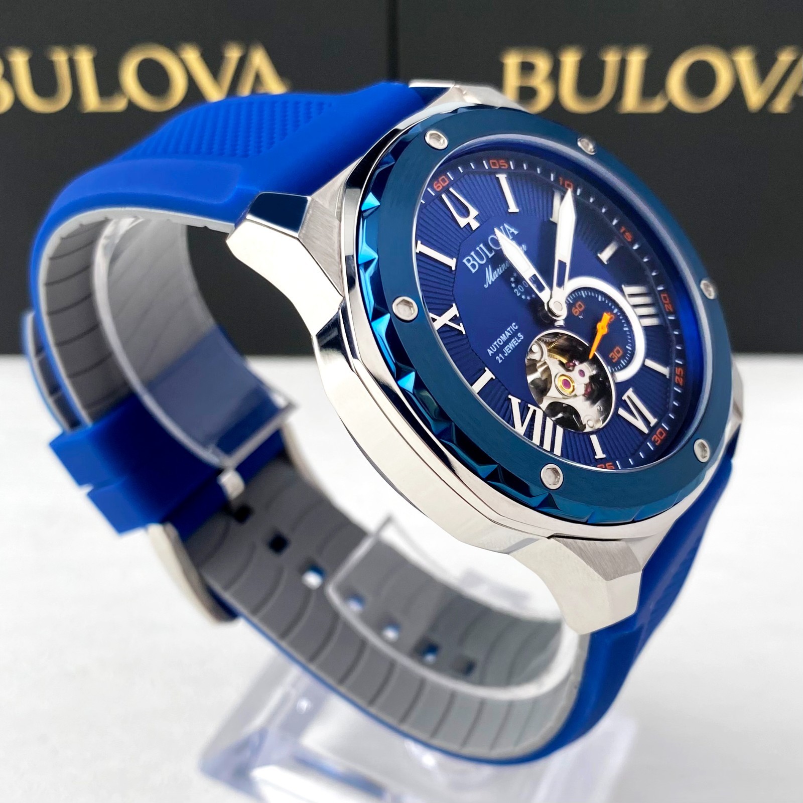 Bulova Marine Star 98A303 Men’s Watch 45MM Blue Dial Blue Rubber Strap Automatic