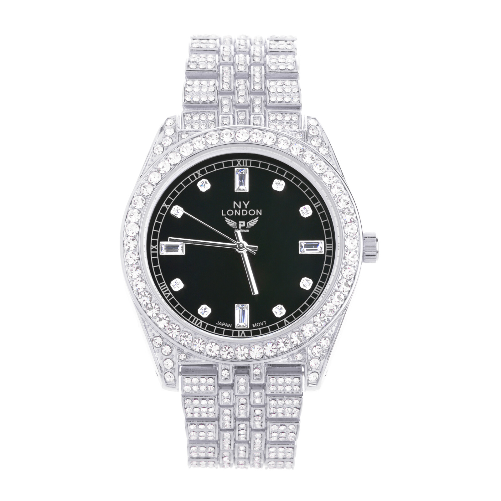Rapper Bling Men’s Fashion Silver Plated Iced CZ Metal Band Watches WM 1586 SBK