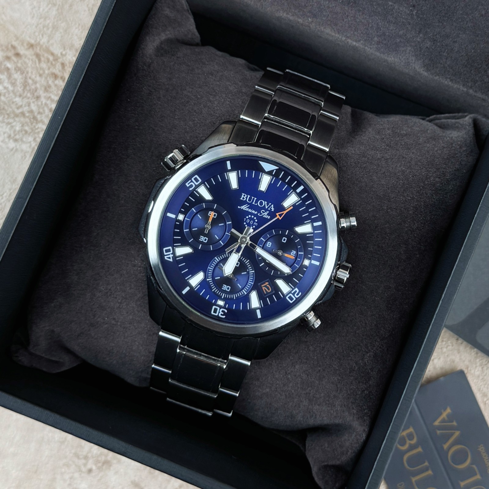 New Bulova Marine Star Classic Blue Dial Chronograph Men’s Quartz Watch 96B256