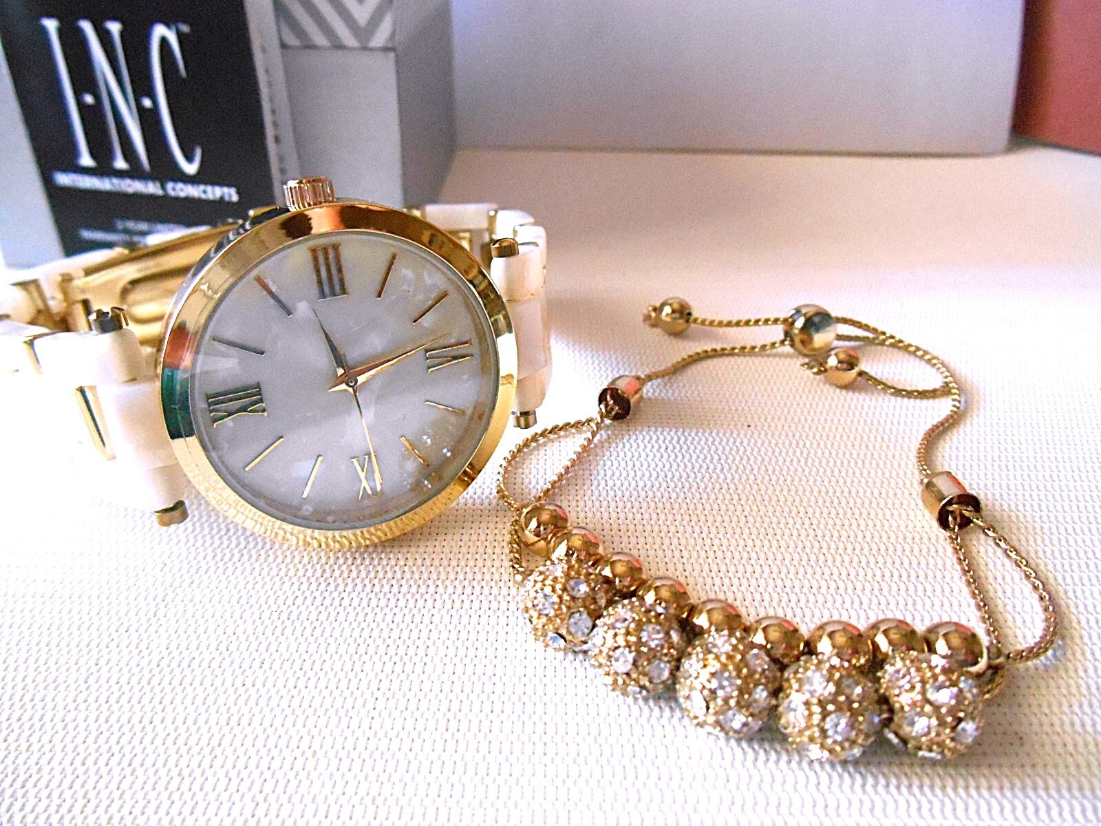 New I.N.C. Goldtone & White Watch and Adjustable Rhinestone Bracelet Set