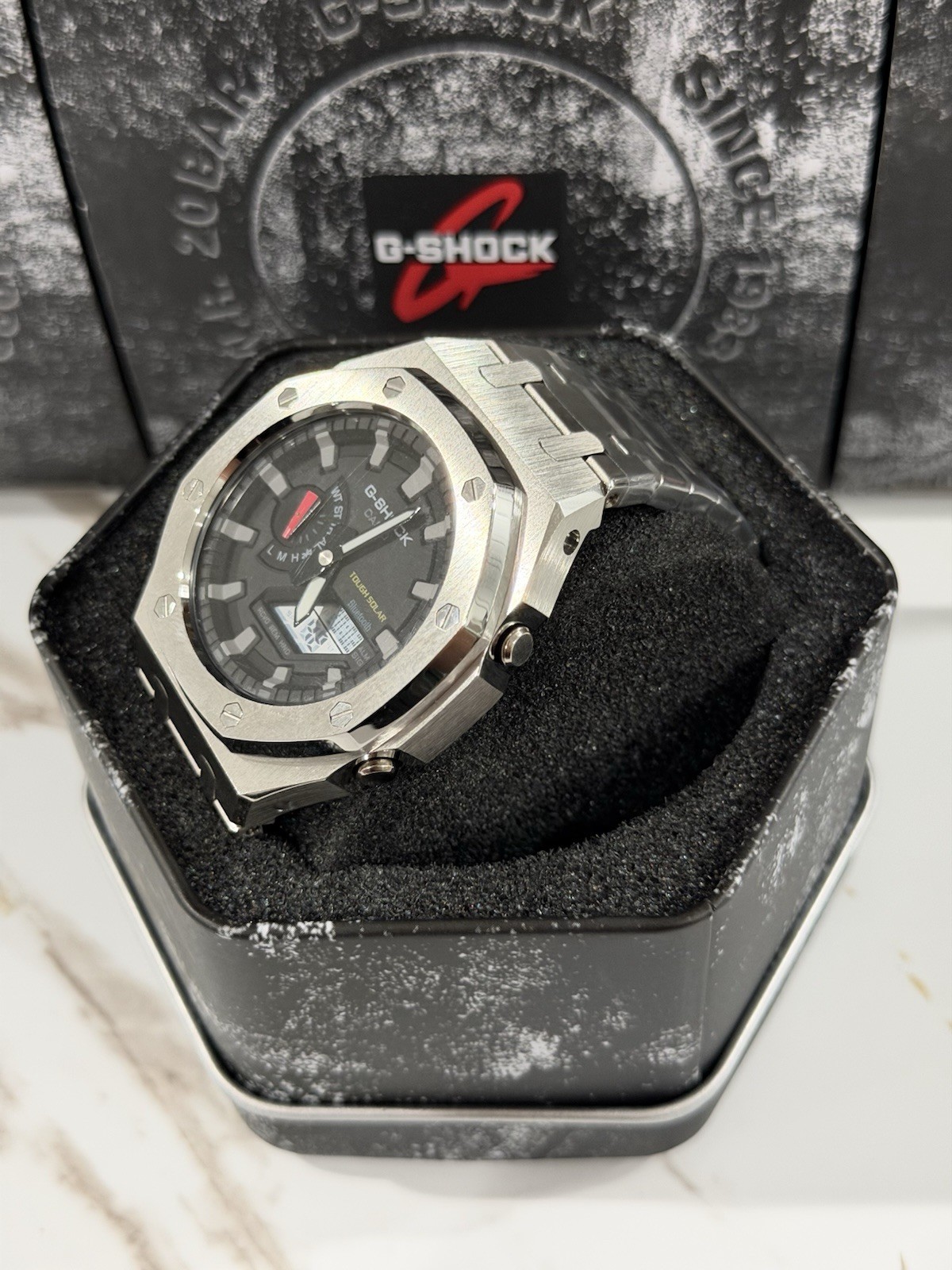 Casio GA-2100 G-Shock Watch – Sandblasted Silver Case Mod – Black Dial