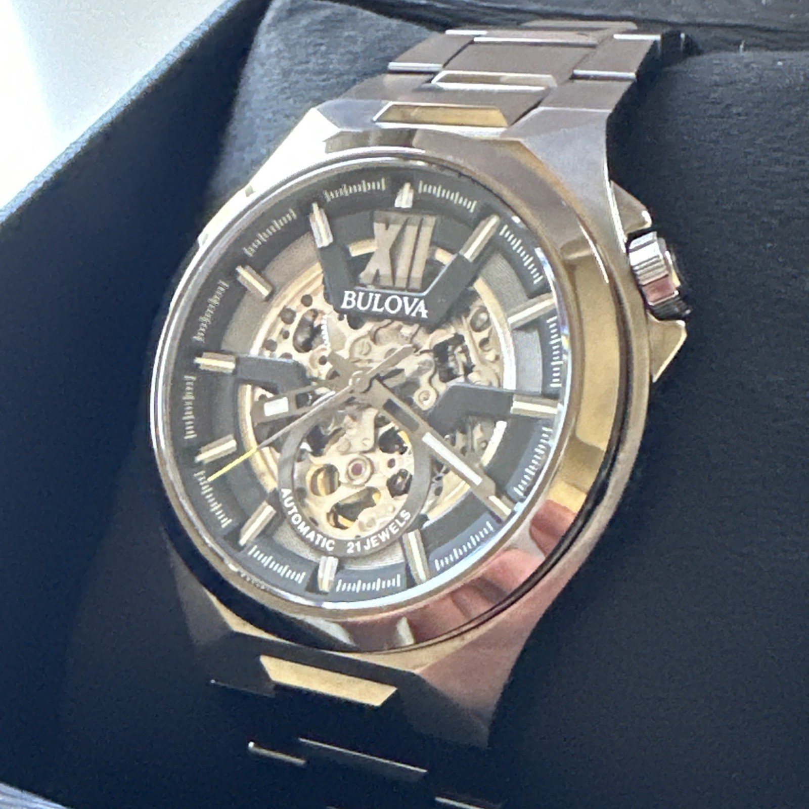 Bulova Womens Maquina Automatic Skeleton Gray Stainless Steel Watch 46MM 98A179