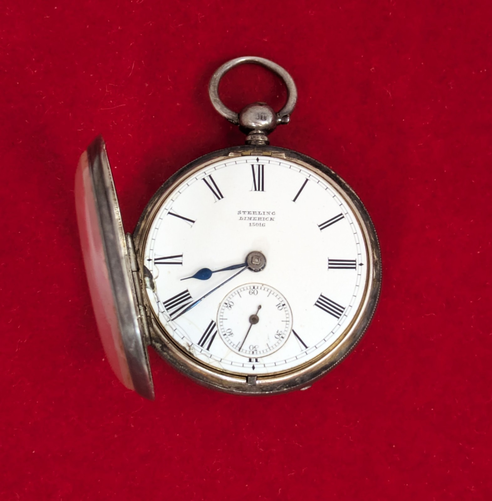 Key Wind Irish .925 Sterling Limerick Silver Open Face Pocket Watch, 43 mm Case