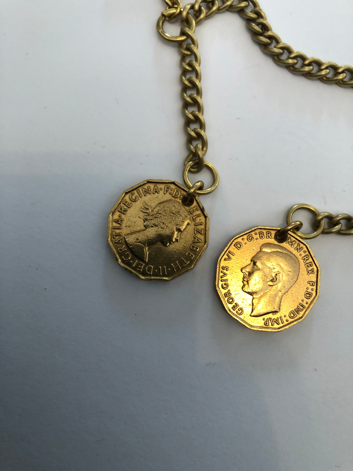 vintage type solid brass single albert pocket watch chain three pence 3d fob