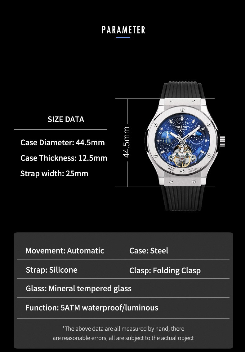 PINDU Men’s Automatic Skeleton Tourbillon Watch Starry Sky Dial 12-Hour Sub-Dial