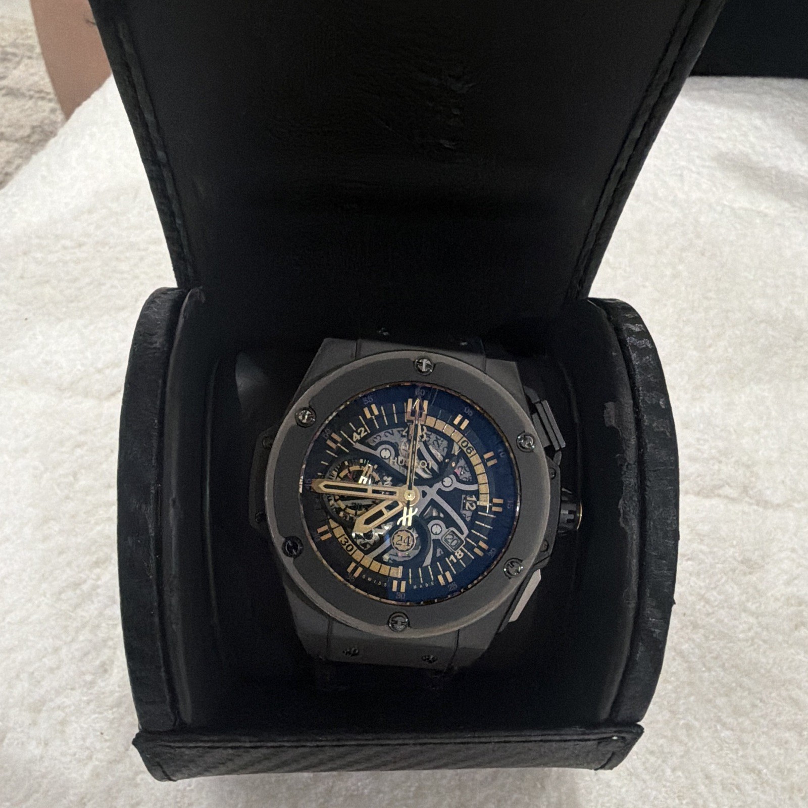 Hublot King Power Black Ceramic Automatic Blue/Gold Skeleton Dial Box