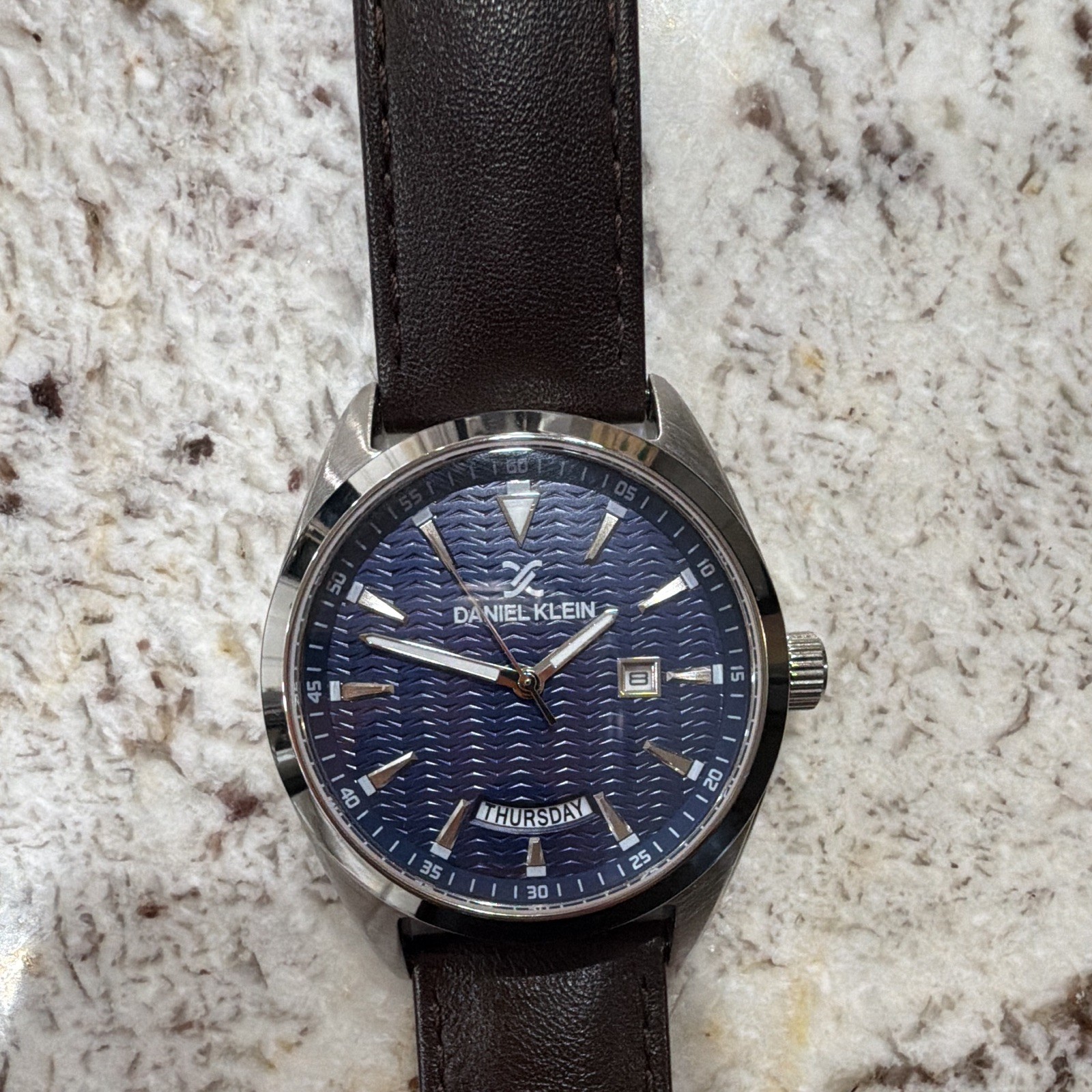 Daniel Klein Premium Blue Textured Dial Day/Date Quartz Brown Leather 5 ATM