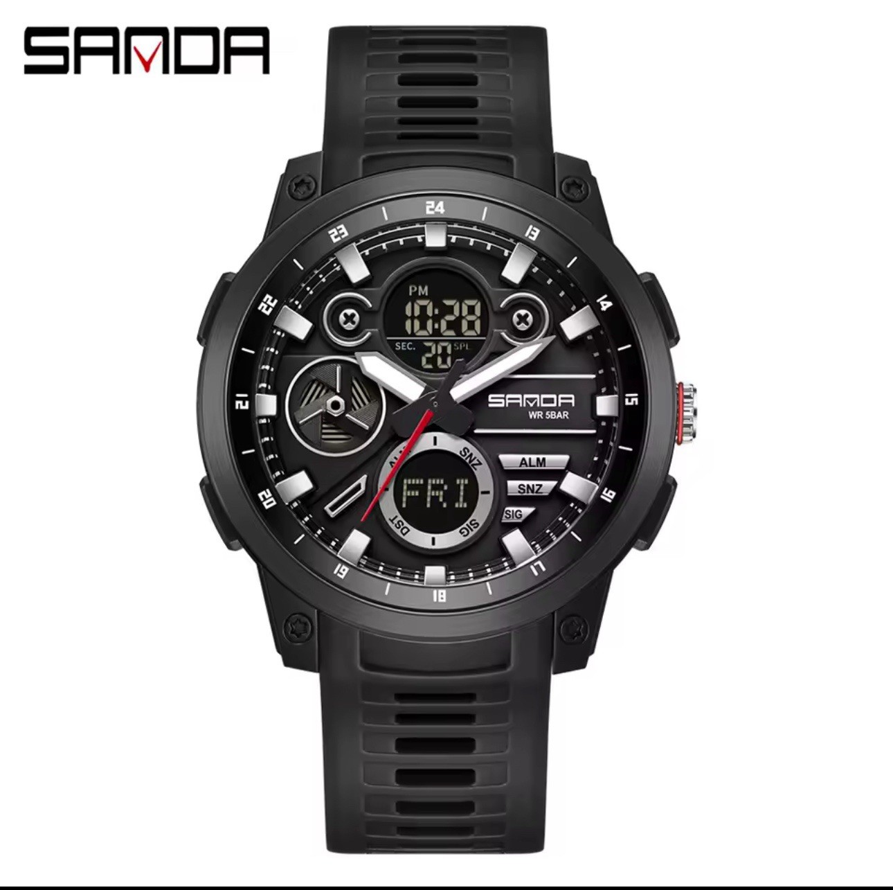 SANDA Men’s Quartz Analog-Digital Watch Day/Date Alarm 5ATM TPU Strap 22mm