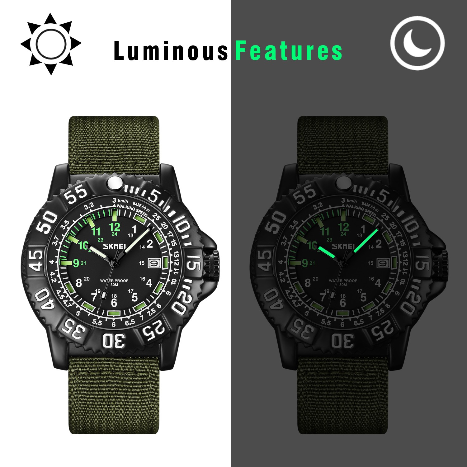 24-Hours Scale Men Military Tactical Nylon Band Sport Wrist Watch Luminous 3ATM