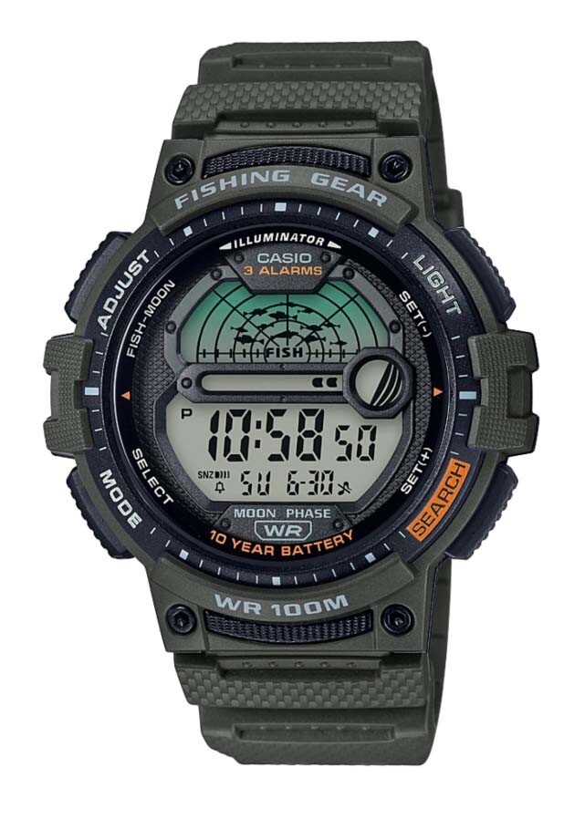 Casio WS-1200H-3AV, 10 Year Battery Watch, 100 Meter, Fishing Gear,3 Alarms, NEW