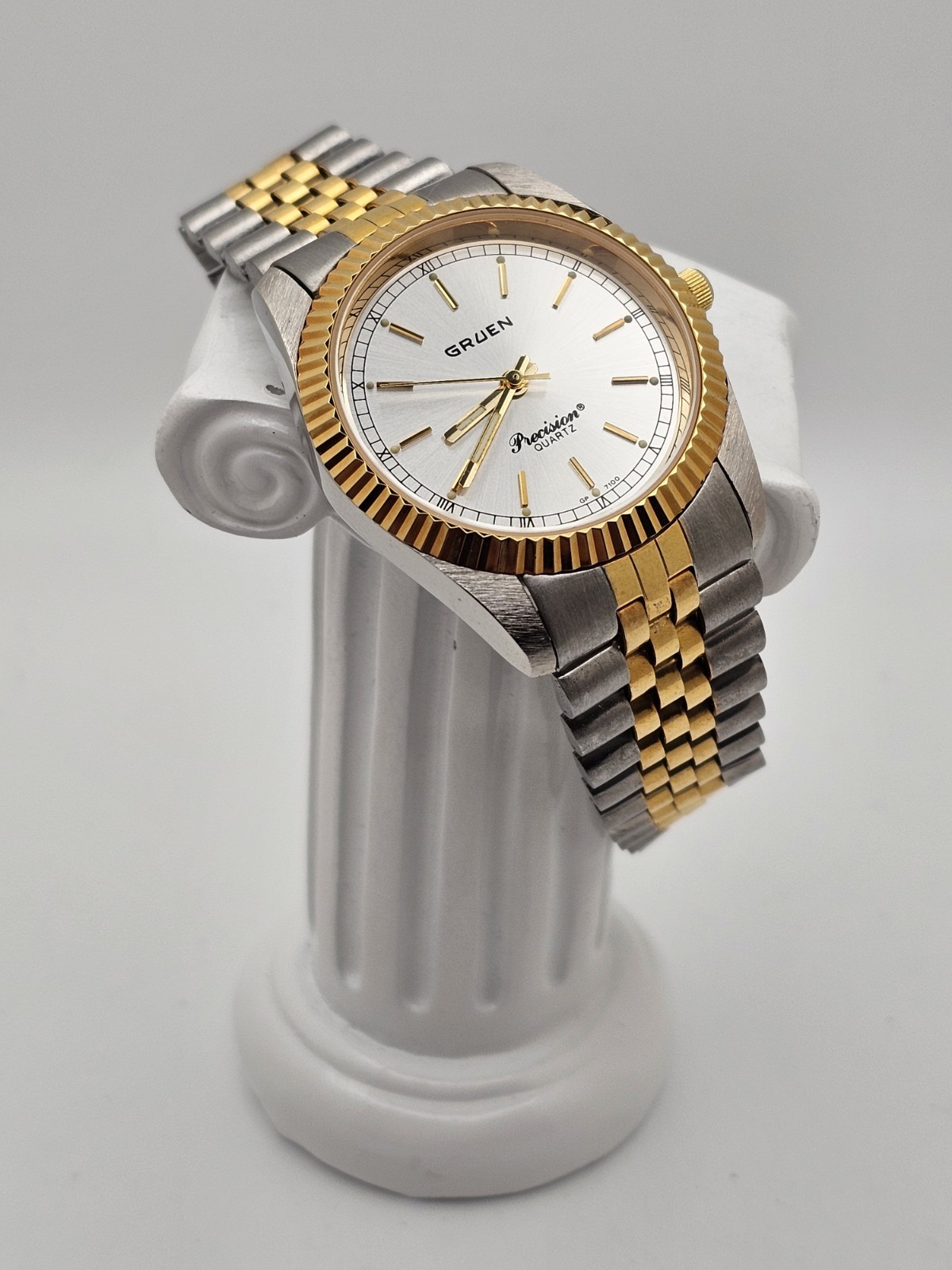 Vintage 1996 Gruen PRESIDENTIAL 3 Hand Men Quartz Watch Fluted Jubilee Twotone🔥
