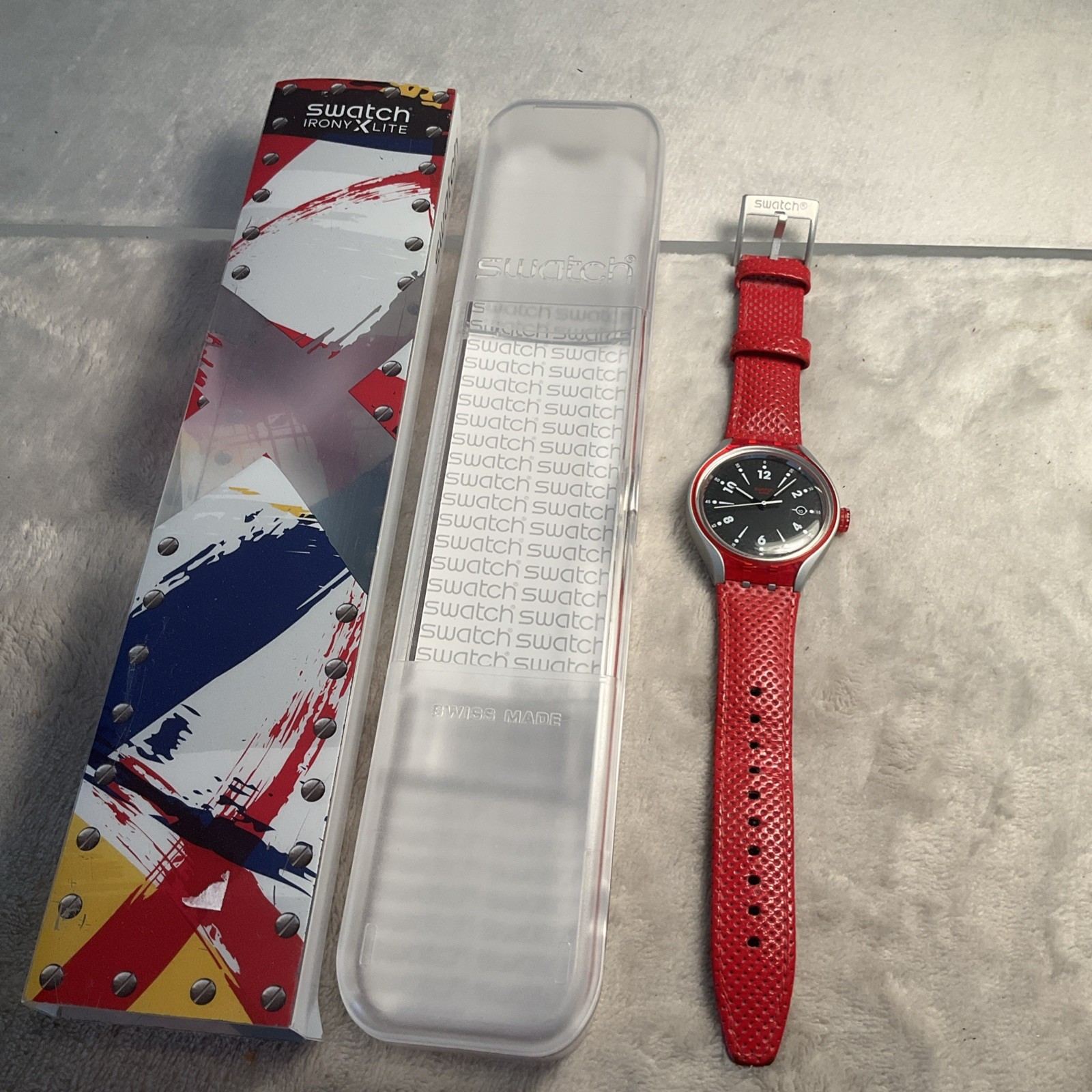 New Swatch Irony GO JUMP X-lite Aluminum Red Leather Men’s Watch YES4001 Works!