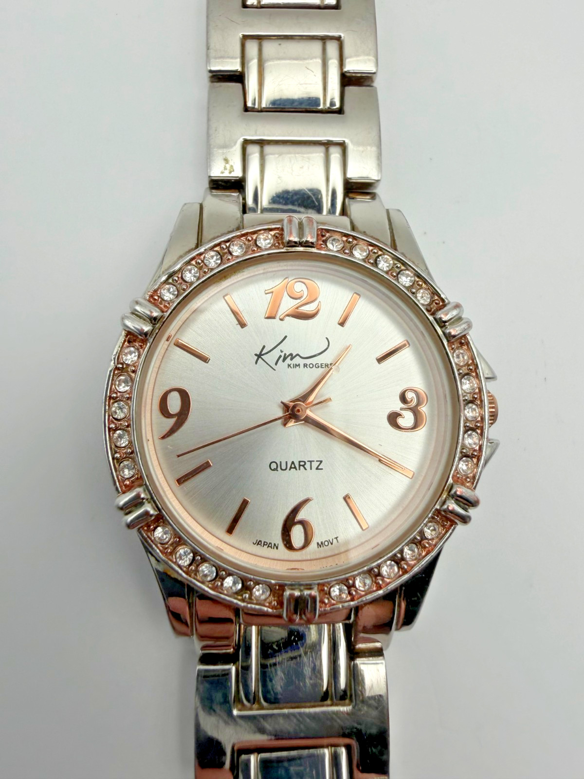 Kim Rogers Women’s Silver & Rose Gold Tone Link Bracelet Quartz Watch – Working!