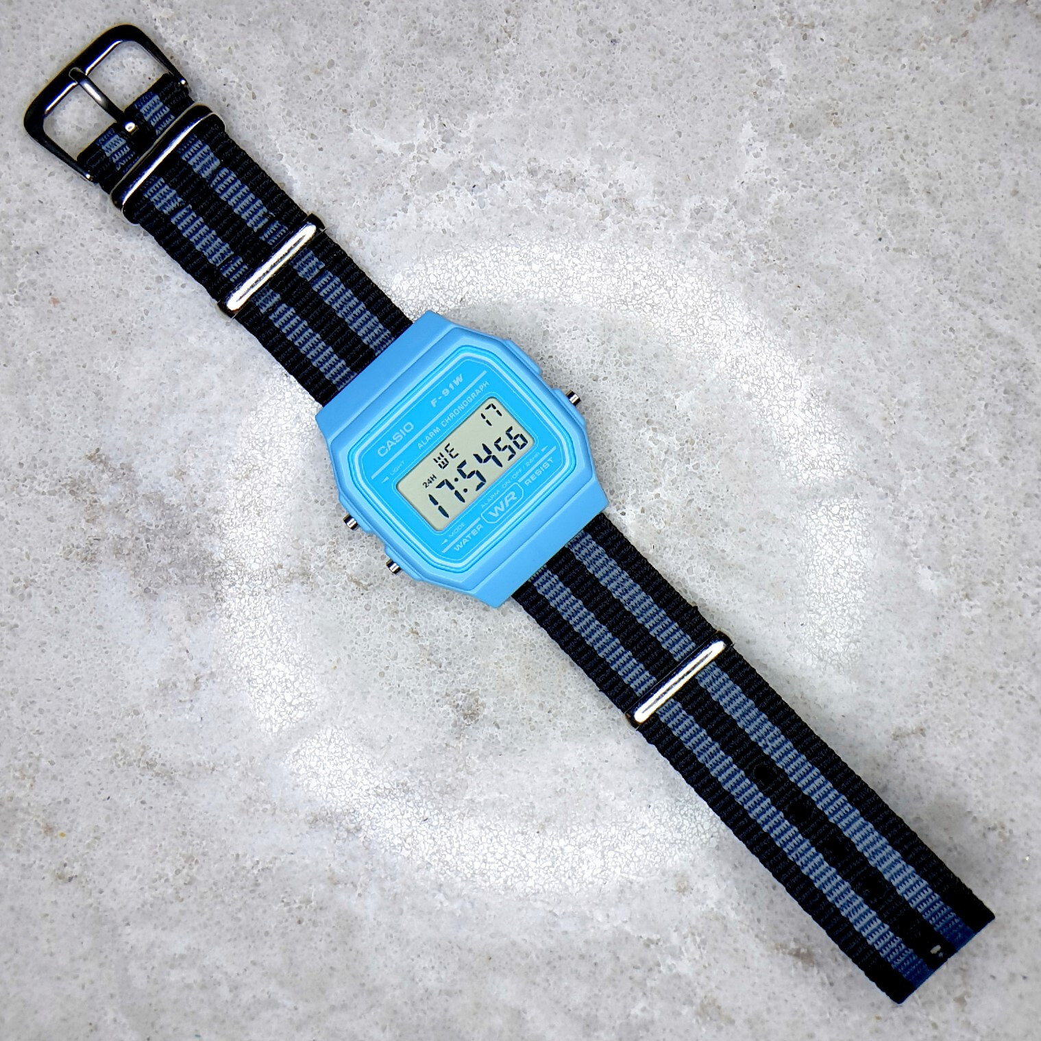 Casio Blue Digital Watch with Grey & Black Stripe Nylon strap, F-91WC-2