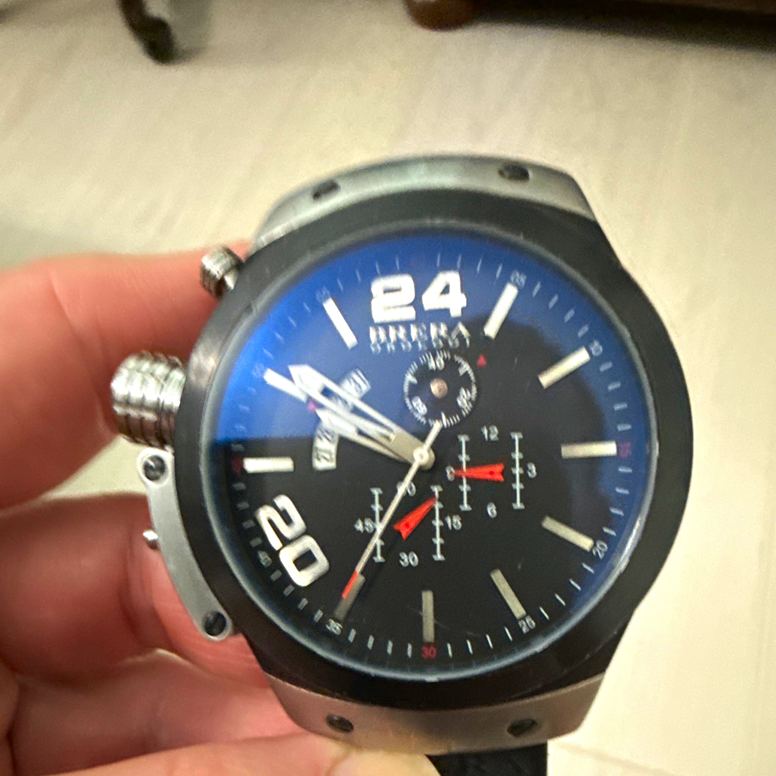 Brera Chronograph Quartz Sport Watch Black/Blue Dial Silver Steel Rubber 10ATM