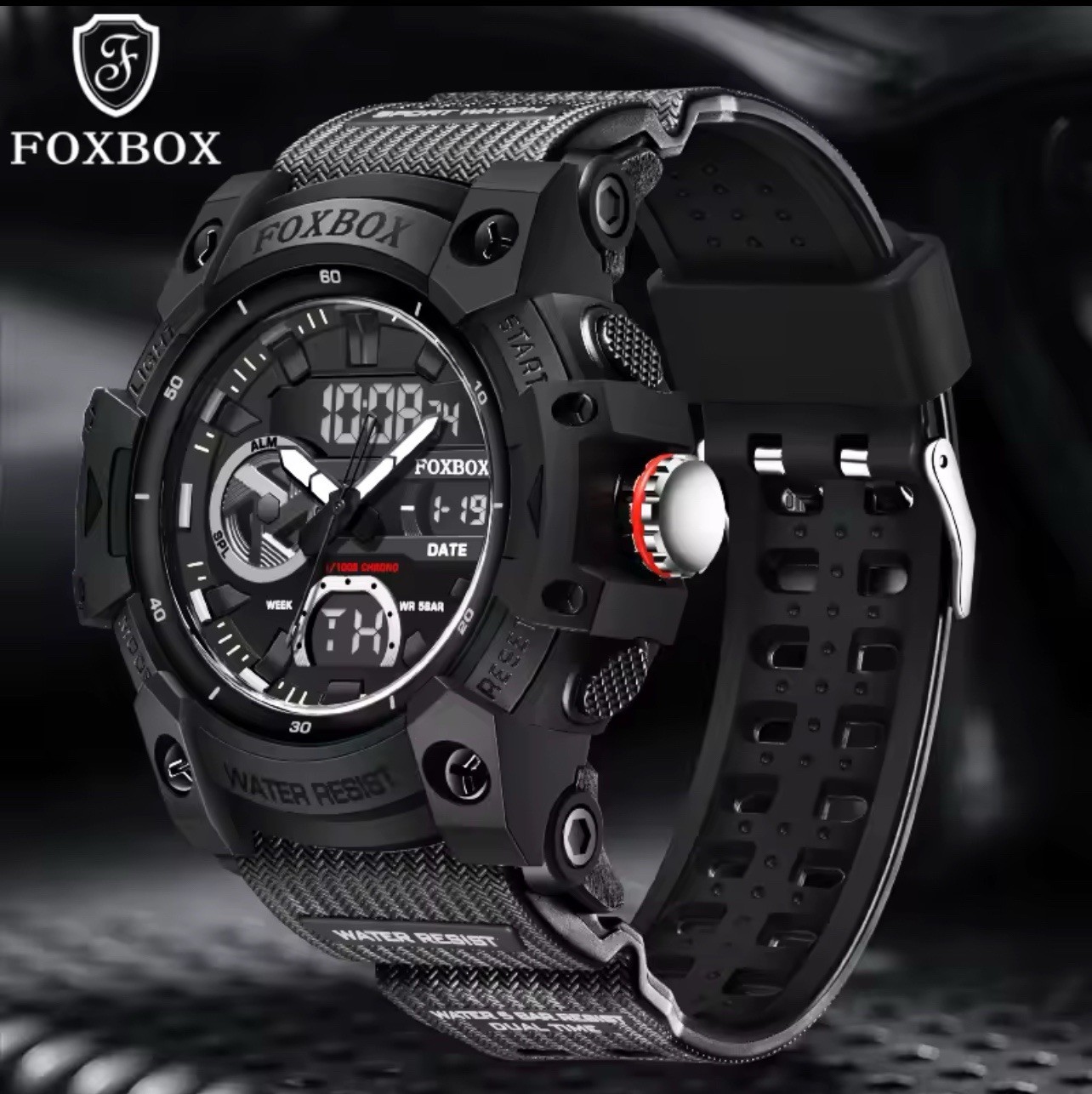 FOXBOX men’s sport wristwatch, dual display, black, 50M water resistant, alarm