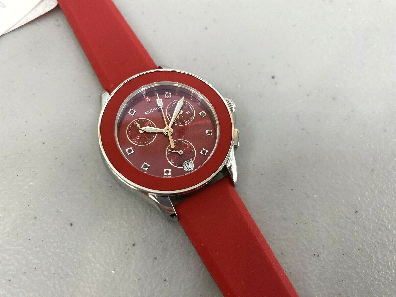 MICHELE MWW27C000004 ‘Cape’ Chronograph Topaz Accent Silicone Strap Watch – Red