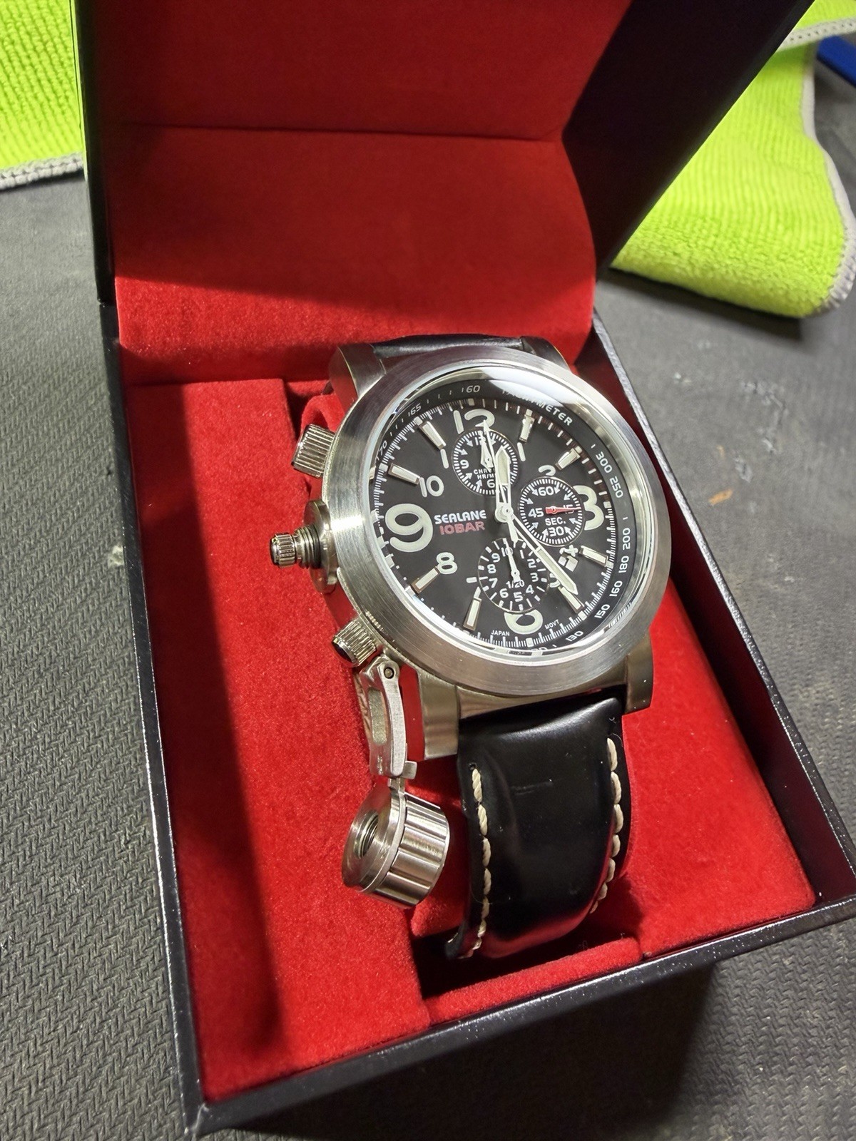 SEALANE 10BAR Quartz Chronograph 10 BAR Black Dial Black Leather Strap Watch