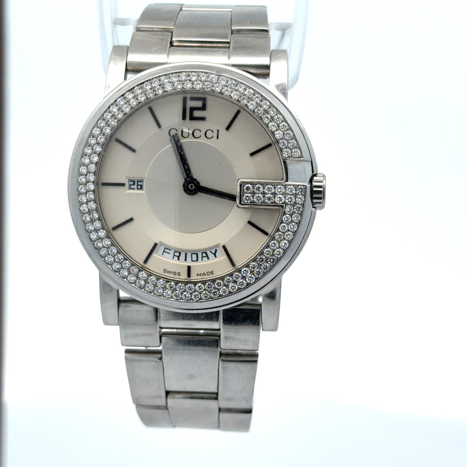 MENS DIAMOND BEZEL GUCCI 101M WATCH DAY AND DATE 40MM WRISTWATCH