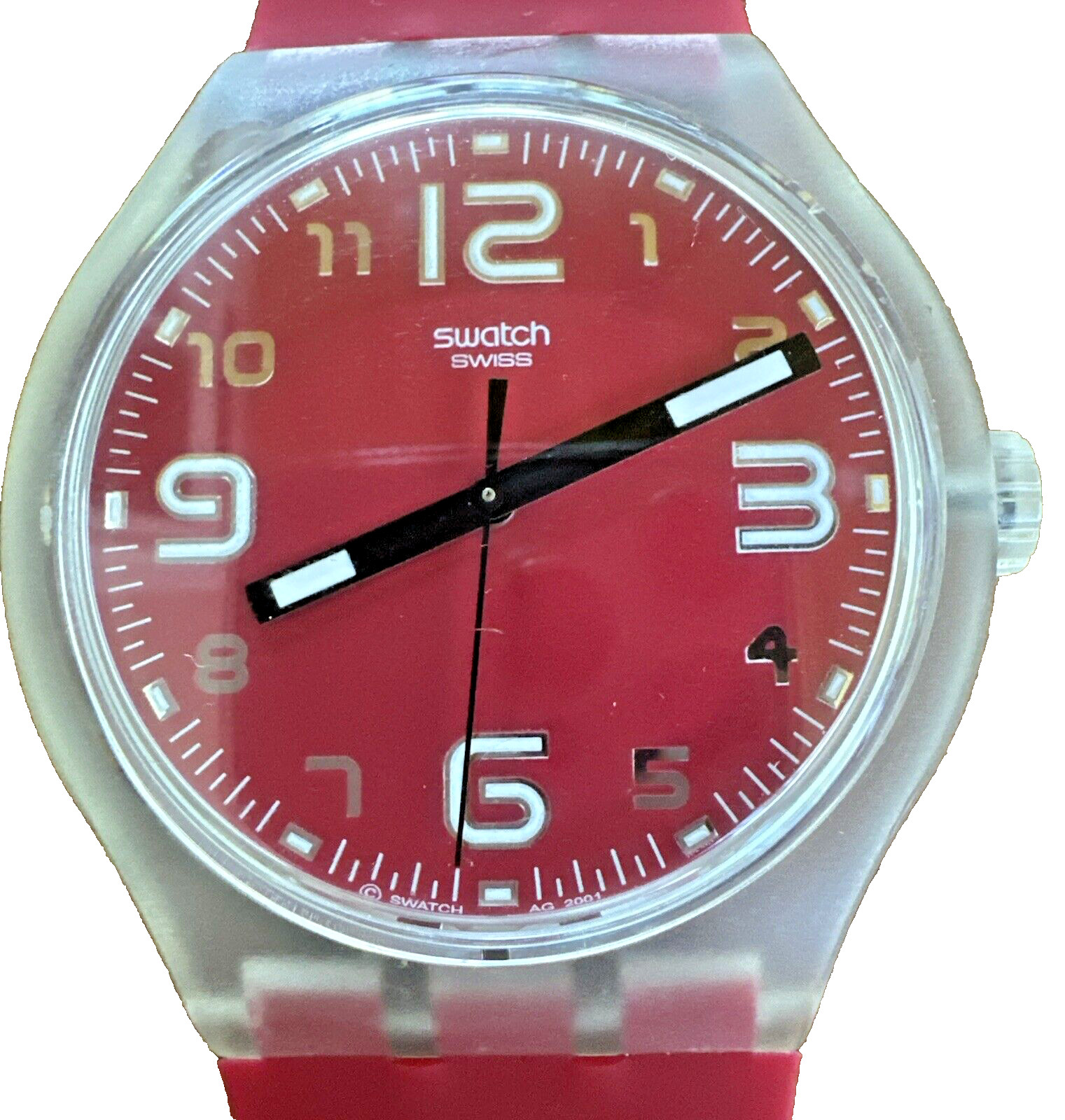 Swatch XL “Vida Loca” 44mm Red Dial Clear Case + Packaging Pre-Owned Good