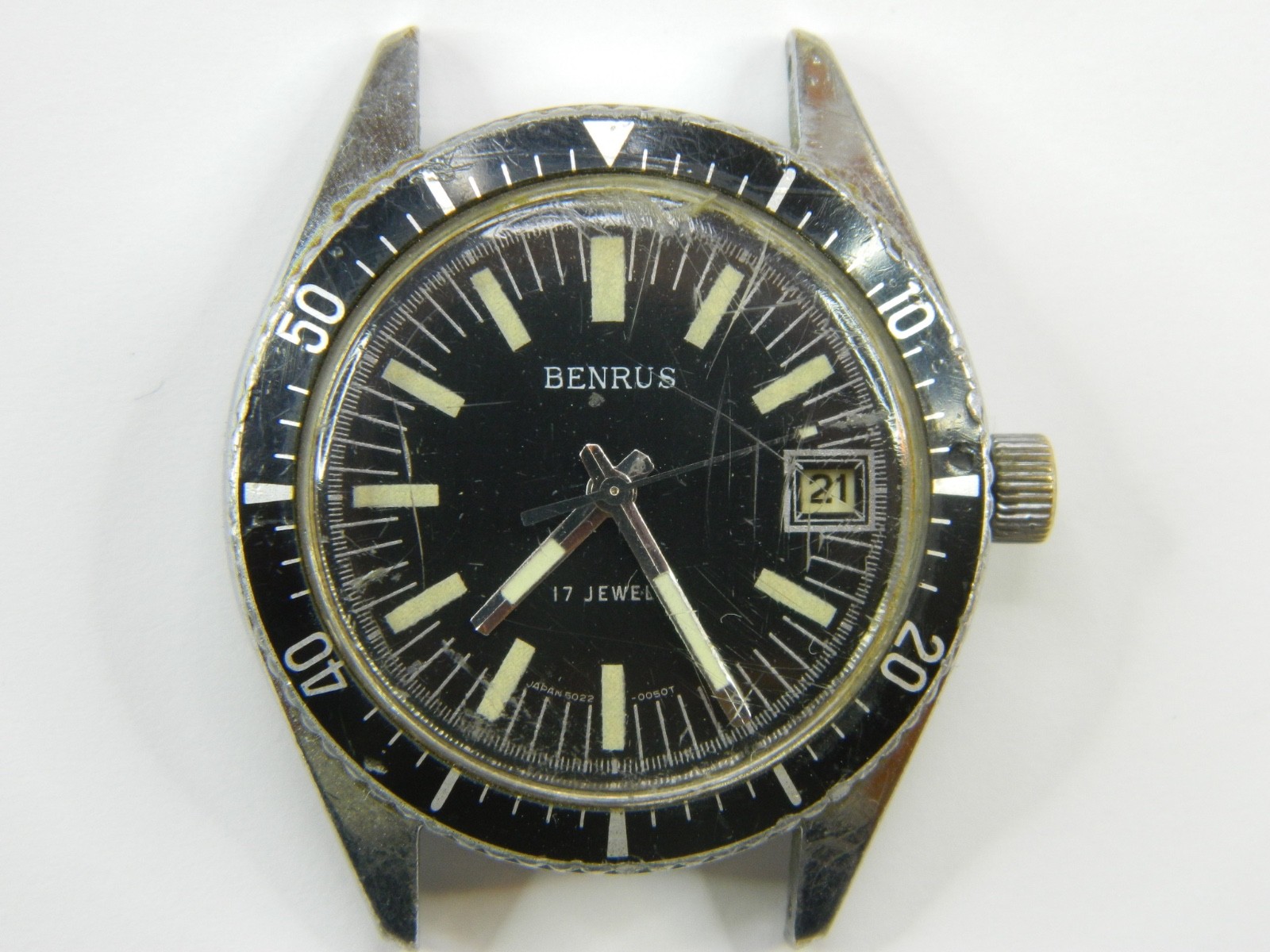 RARE VINTAGE 1970’s BENRUS 17J 5022 MENS DIVER WATCH – RUNS GOOD TIMER – REPAIR
