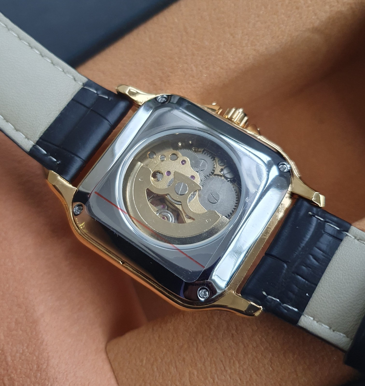 Men Automatic Watch Square Classic Tank Skeleton Gold Leather Mechanical Watch