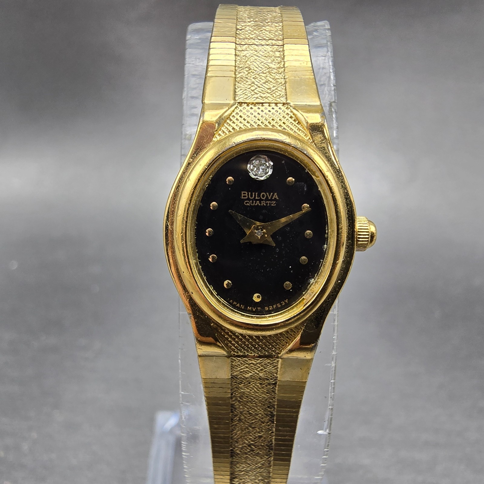 Bulova Watch Women 15mm Black Dial Gold Tone Oval 92F53 New Battery VTG Diamond