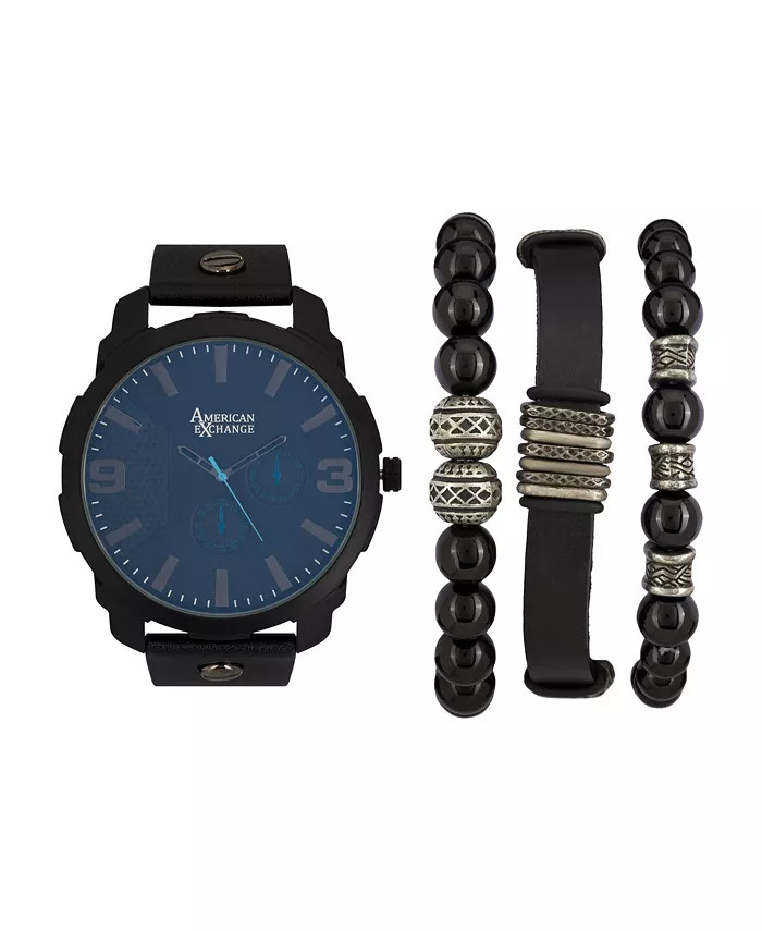 American Exchange Men’s Analog Quartz Watch & Stackable Bracelet Set Black NEW