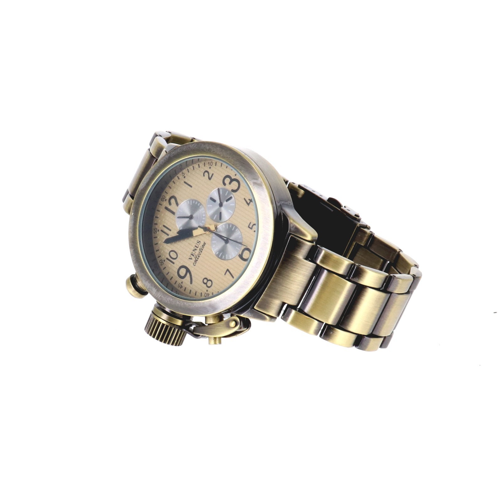 Venus collection Men’s Oversize Watch & Crown Brass Finish Metal Band 46mm
