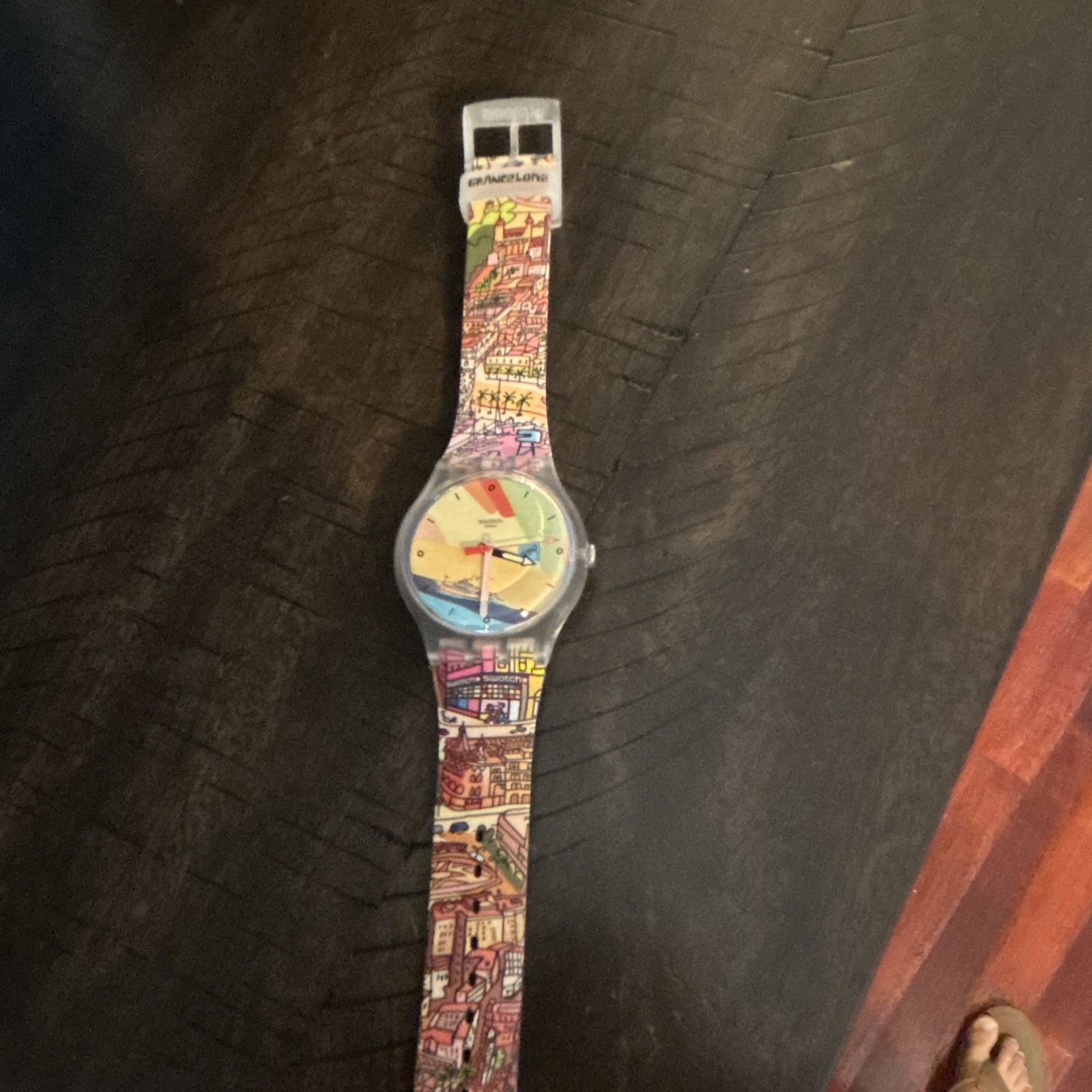 Swatch Barcelona Analog Quartz Wristwatch Multicolor Dial Clear Plastic Case Box