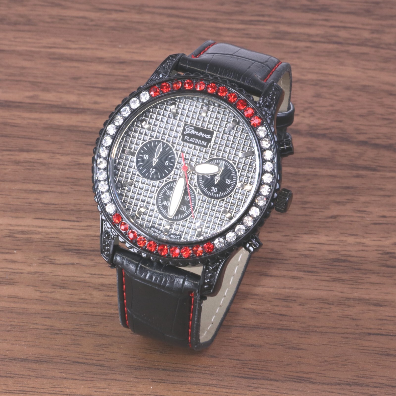 Geneva Platinum Hip Hop Clubbing Black Leather Band New Clear & Red Crystals