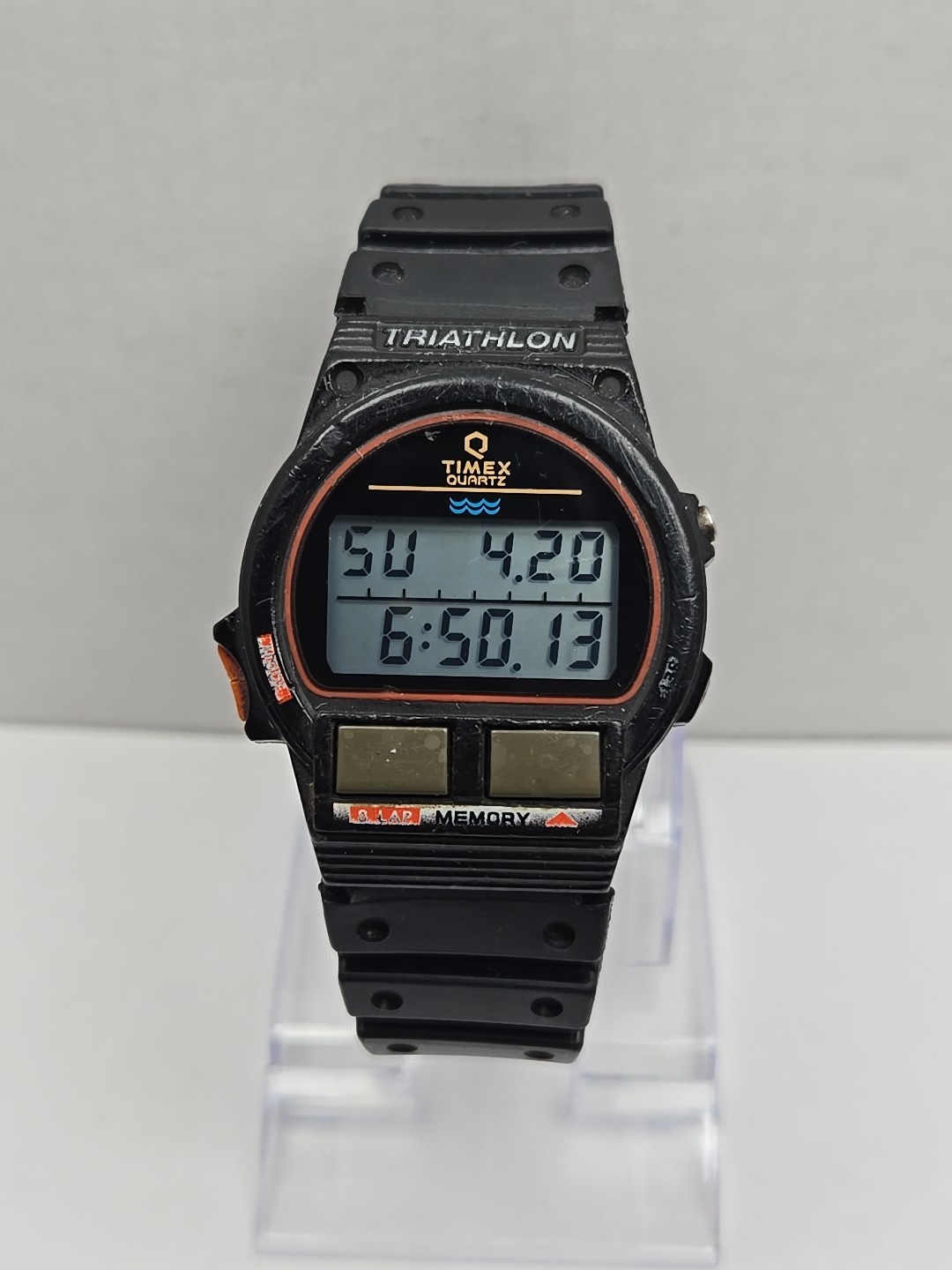 Vintage Timex Q Triathlon Watch 39mm Black Digital 8 Lap Backlight New Battery