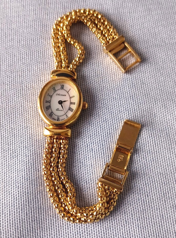 Vintage Sterling Silver Bracelet Watch Gold Bonded MOP Dial Veronese Paris 925