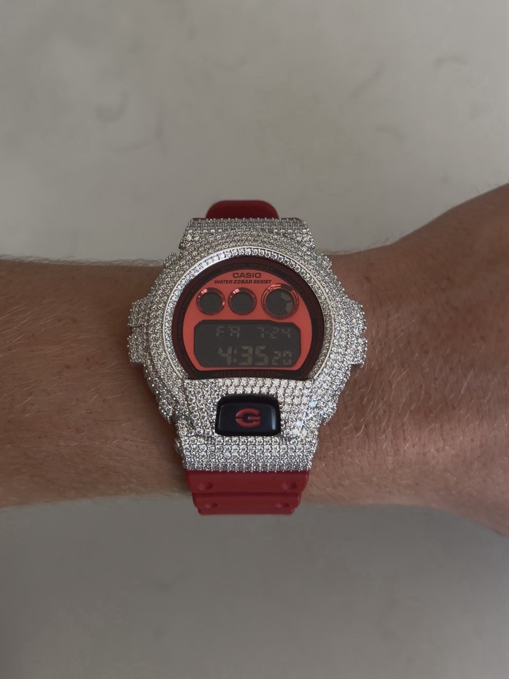 Custom Iced Out Red G-Shock DW-6900 Moissanite Bezel Hip Hop Watch