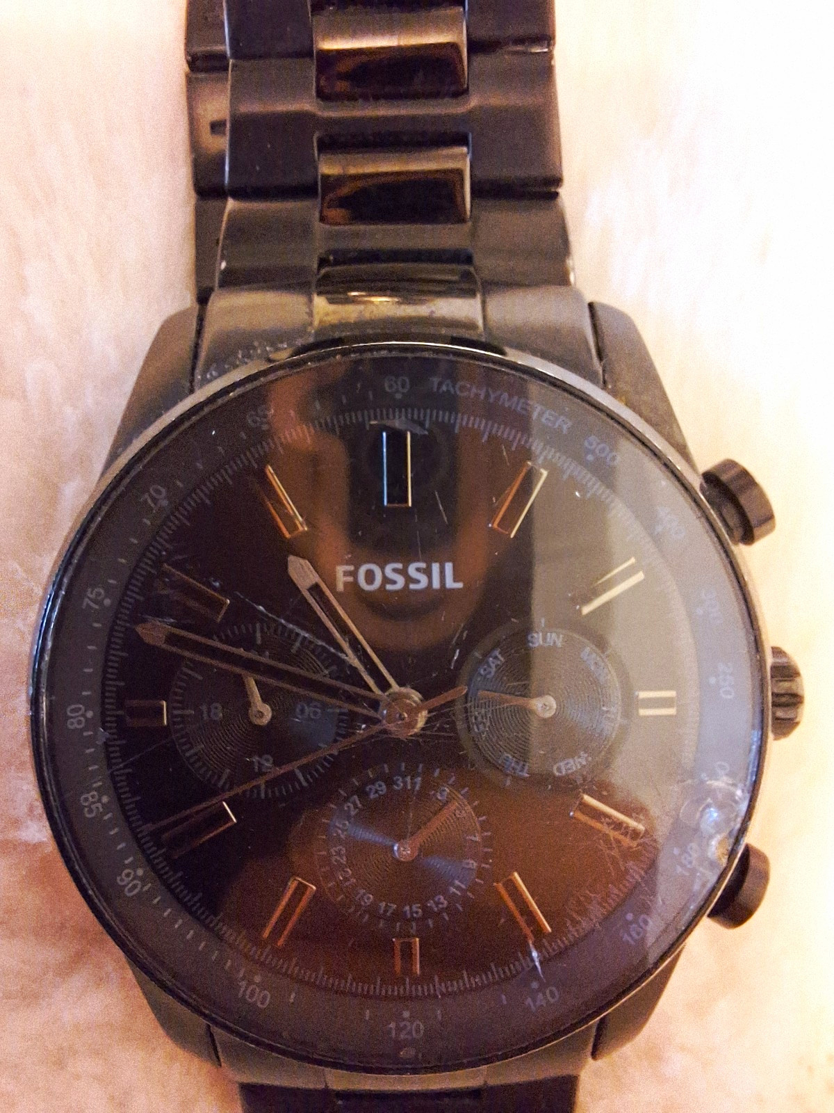 Fossil BQ2448 Chronograph Tachymeter Quartz Black SS Bracelet 44mm 50m