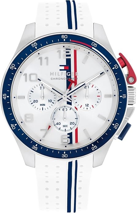 Tommy Hilfiger 1792167 Men’s Silver Case White Band White Dial Chrono Watch 46mm